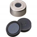 N 20 Aluminium pressure release safety cap, silver, center hole Butyl dark gray/centrical PTFE-lamination gray Hardness: 50° shore A Thickness: 3 mm pack of 100