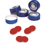 N 11 Aluminium crimp cap, blue, center hole PTFE red/Silicone white/PTFE red Hardness: 50° shore A Thickness: 1.0 mm pack of 100