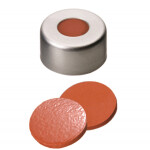 N 11 Aluminium crimp cap, silver, center hole Natural Rubber red-orange/TEF colourless Hardness: 60° shore A Thickness: 1.0 mm pack of 100