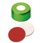 N 11 Aluminium crimp cap, green, center hole Silicone white/PTFE red Hardness: 45° shore A Thickness: 1.3 mm pack of 100